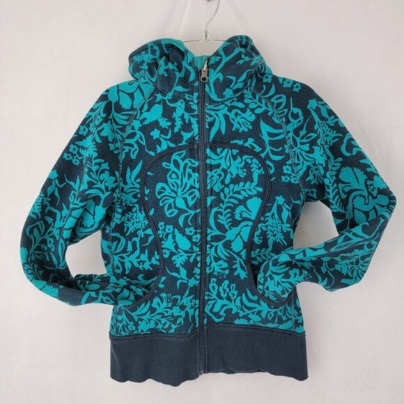 LULULEMON Womens XS? S? Scuba Hoodie Jacket Teal Turquoise Full Zip Floral Print - Picture 5 of 14